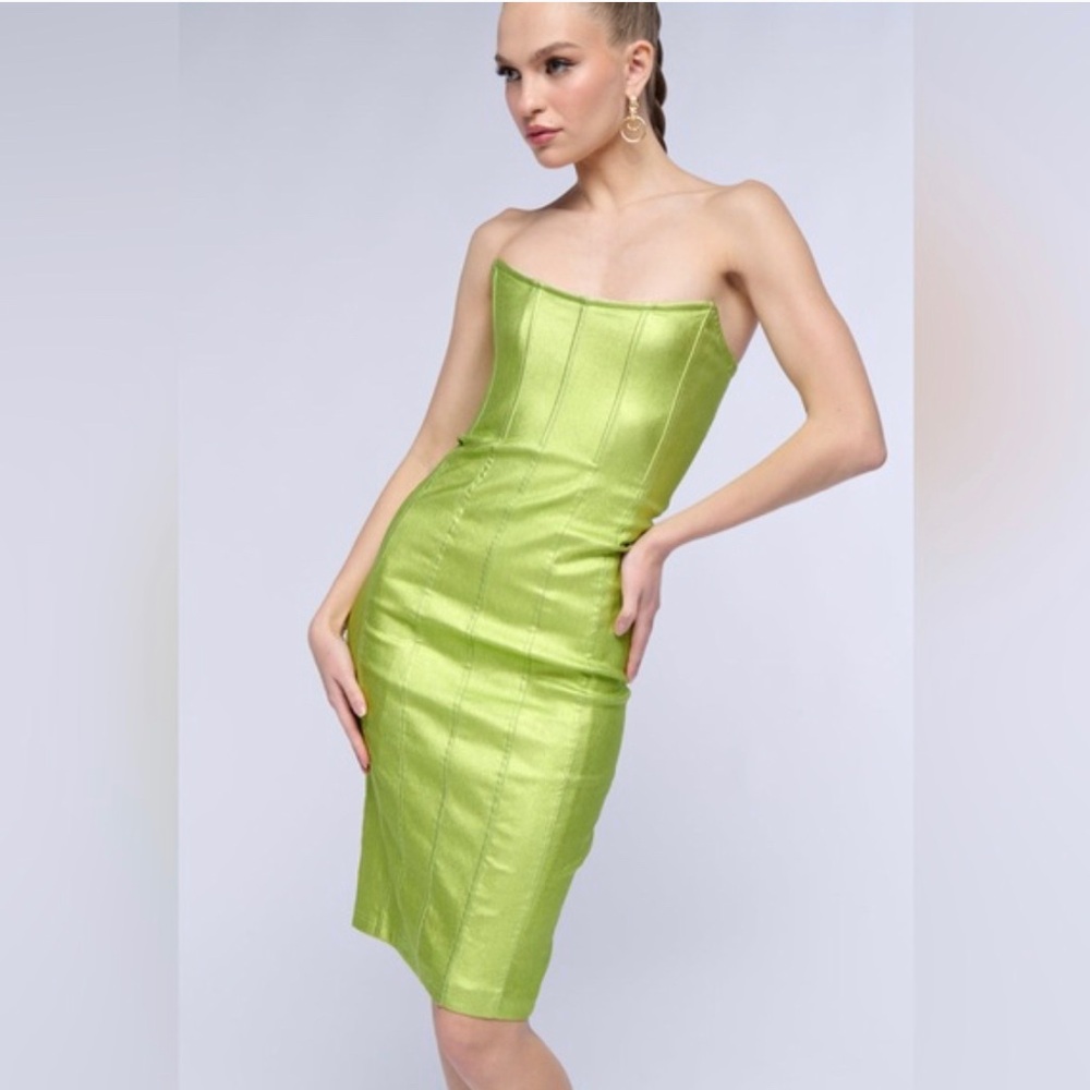AKIRA | MEET ME IN THE METALLICS MIDI DRESS IN LIME